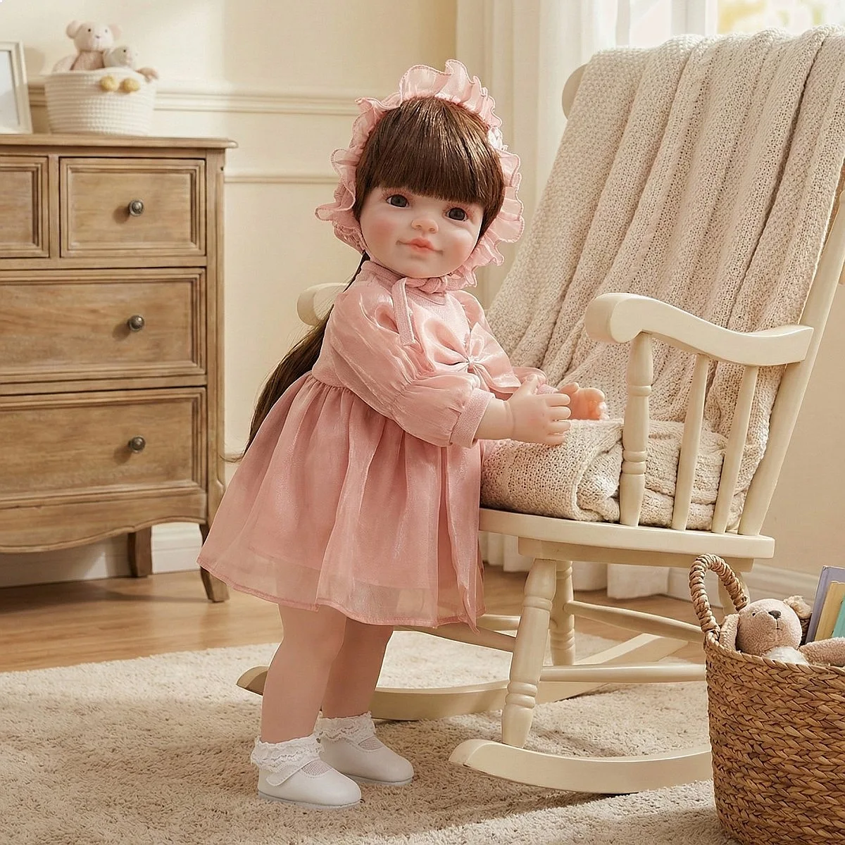 55cm Realistic Reborn Baby Doll Long Hair Standing Girl Soft Silicone Gift Toy