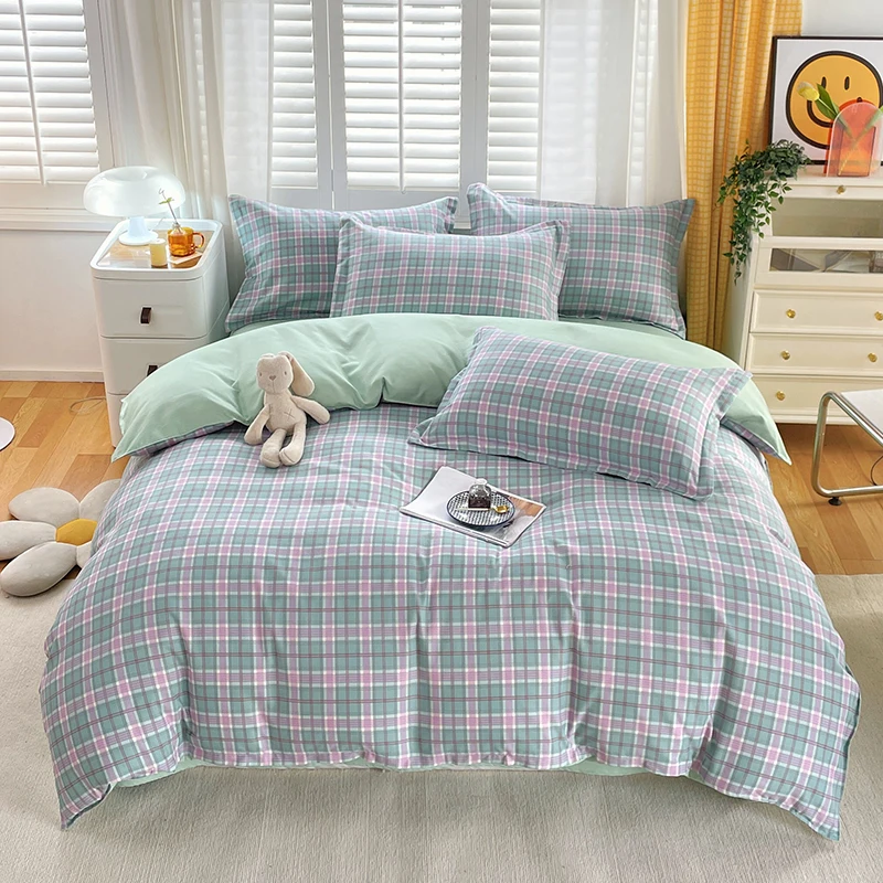 

Japanese Style Plaid Duvet Cover Set Home Queen King Four Seasons Universal Bedding Comfortable Skin-friendly with 2 Pillowcases