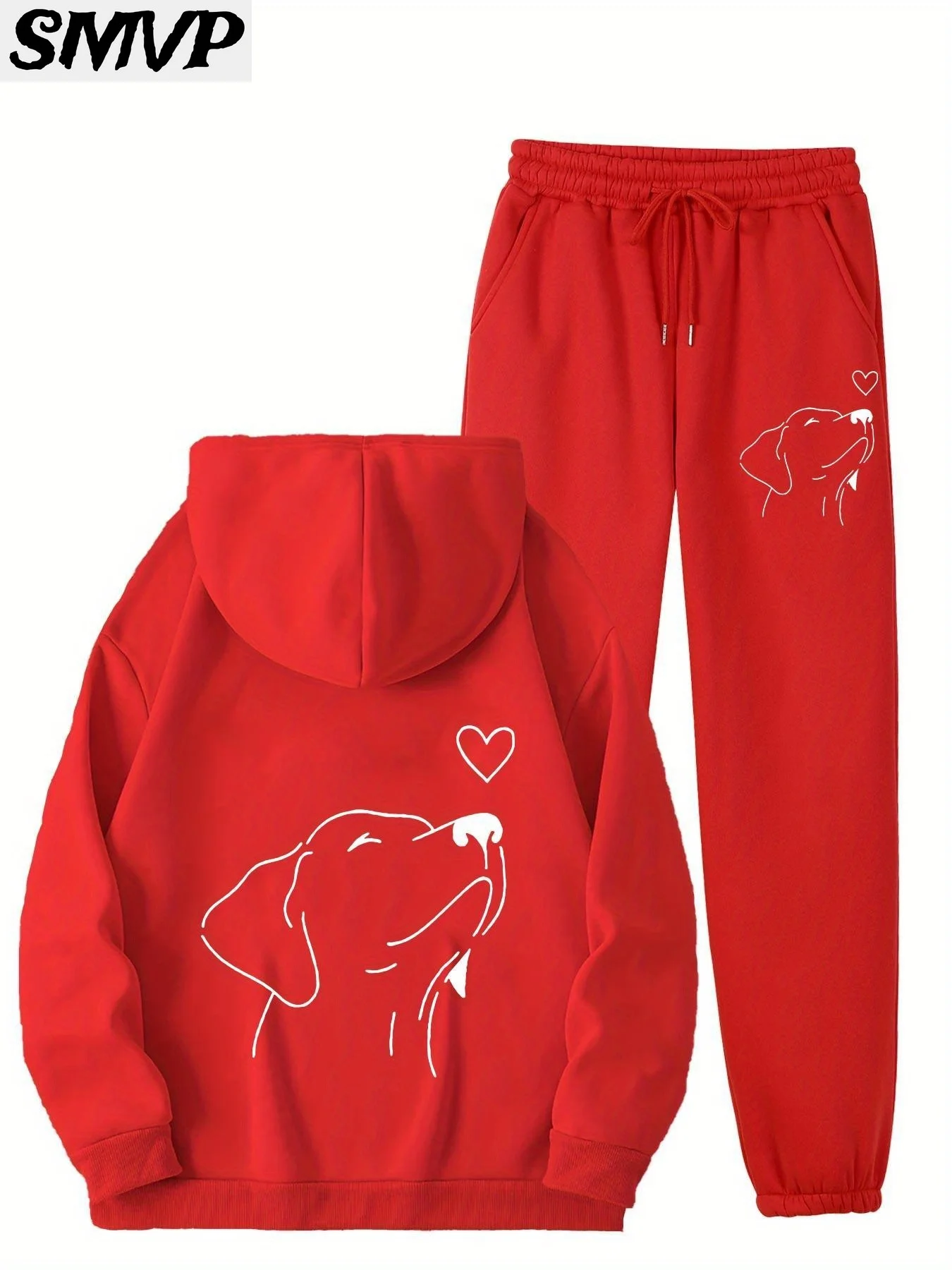 SMVP طقم هوديي قطني للنساء والفتيات باللون الأسود والأبيض مطبوع عليه كلب وقلب مكون من قطعتين ملابس غير رسمية للأم والبنت