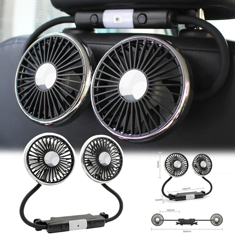 

Car 2-head Cooling Fan 360° Neck Rotation USB Silent with Light Powerful Fan 3-speed Car Cooler Car Rear Seat Headrest Fan