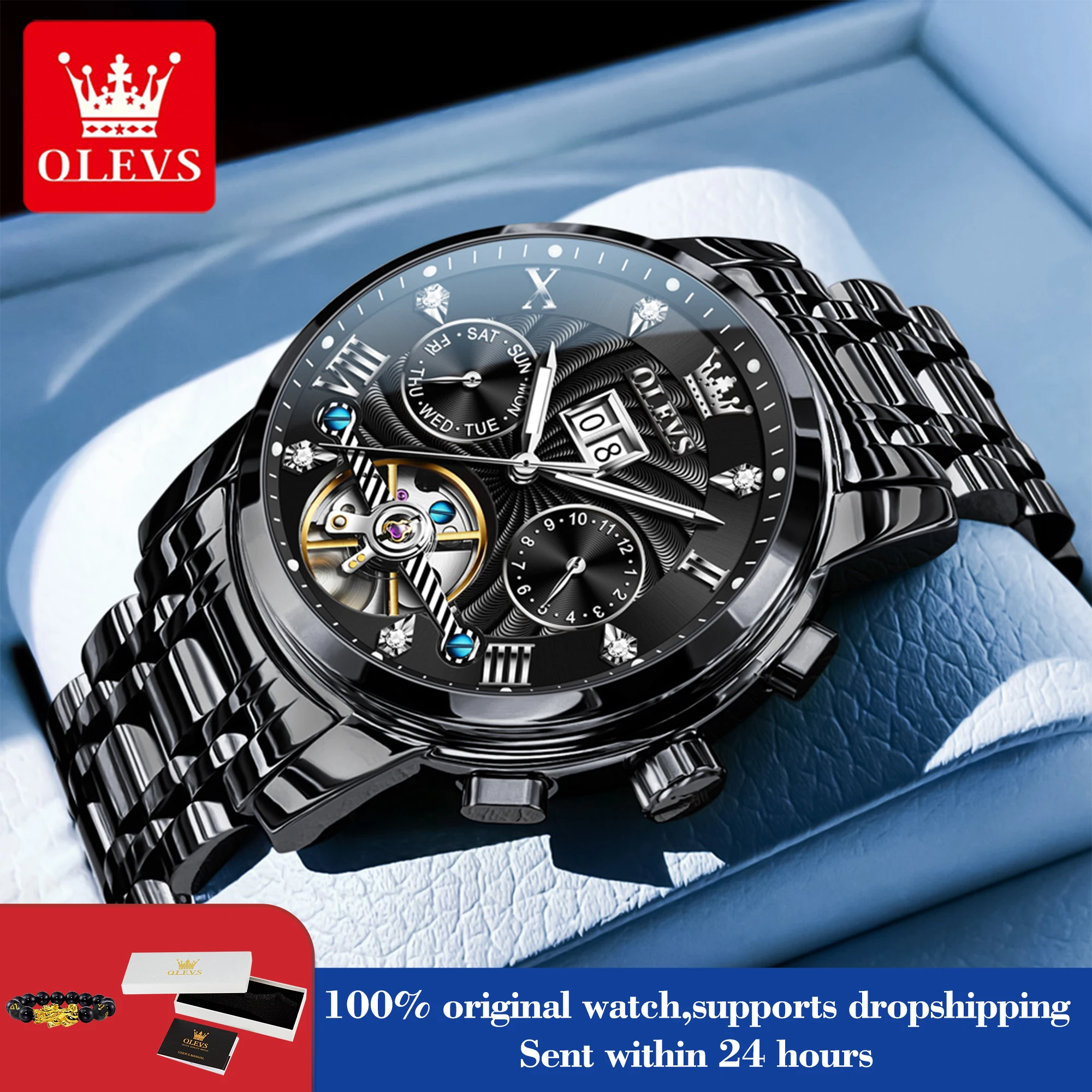 

OLEVS 9910, мужские часы, роскошные деловые механические часы для мужчин, полые римские весы, водонепроницаемые светящиеся календари, мужские ручные часы