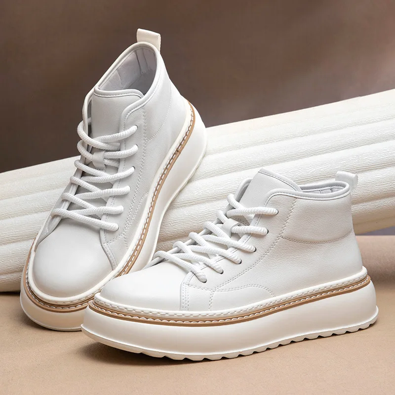 

2025 Winter New Men's High Top Work Boots, European Style White Platform Casual Shoes, Genuine Leather Chunky Sole Skate Shoes