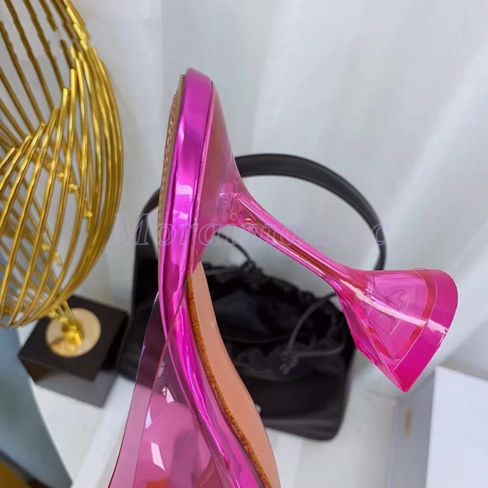 واضح بولي كلوريد الفينيل مربع المفتوحة تو البغال كأس للنبيذ عالية الكعب الانزلاق على الضحلة مثير موضة المرأة شبشب صيفي الصلبة موجزة نمط