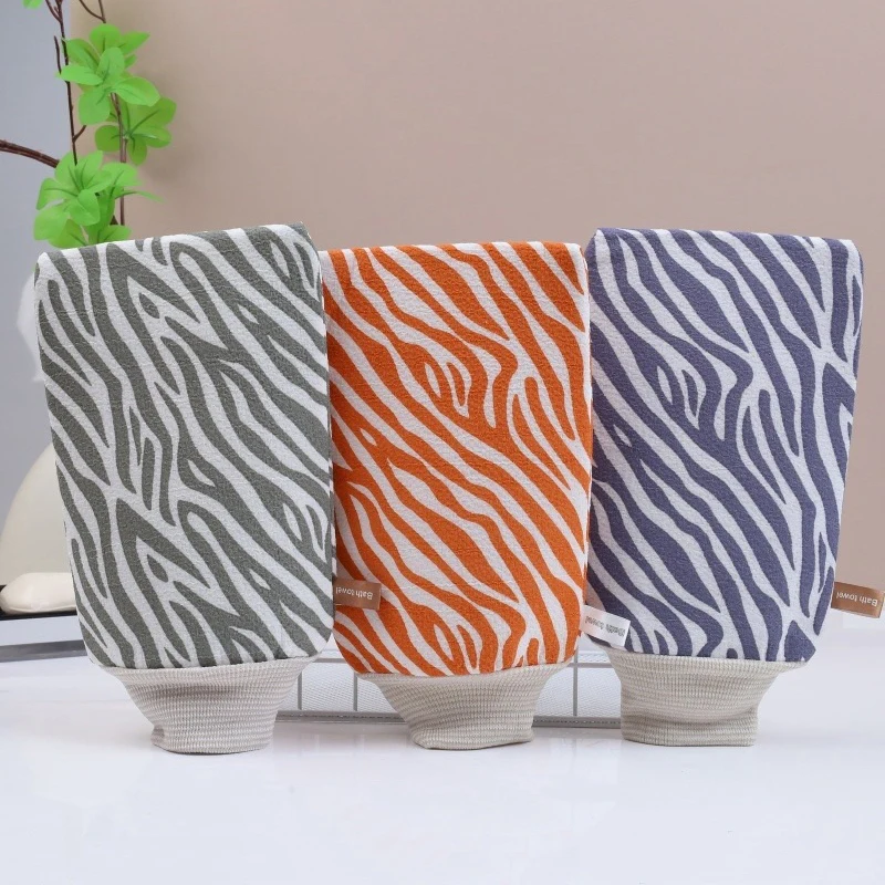 Nowe Rękawice do Kąpieli w Paski, Mocne do Szorowania, Dwustronne, Uniwersalne, do Usuwania Zanieczyszczeń, Peelingujące, Wzór Zebra