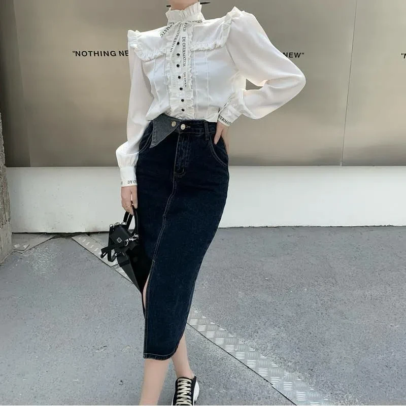 Spring Autumn New Printing Letter Patchwork Elegant Blouse Long Sleeve Solid Youth Pleated Temperament Shirt Tops Korean Fashion