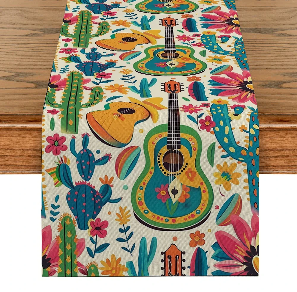 Mexican Table Runner Dining Table Decoration Kitchen Supplies Guitar Straw Hat Cactus Table Runner Party Decoration