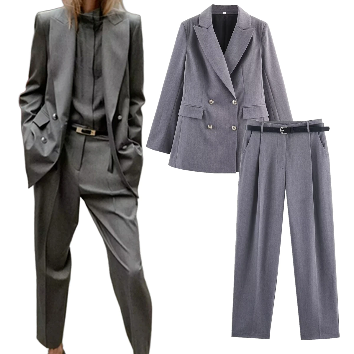 

Jenny&dave 2026Минималистичный винтажный серый комплект брюк Британская мода Элегантный костюм и брюки Женская одежда Комплект из двух предметов Женский костюм