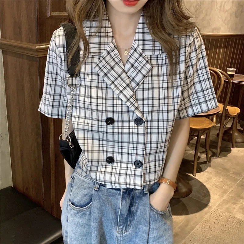 Blazer scozzesi Donna Stile retrò coreano Estate Manica corta Doppio petto Allentato Accogliente Crop All-match Chic Elegante Office Lady