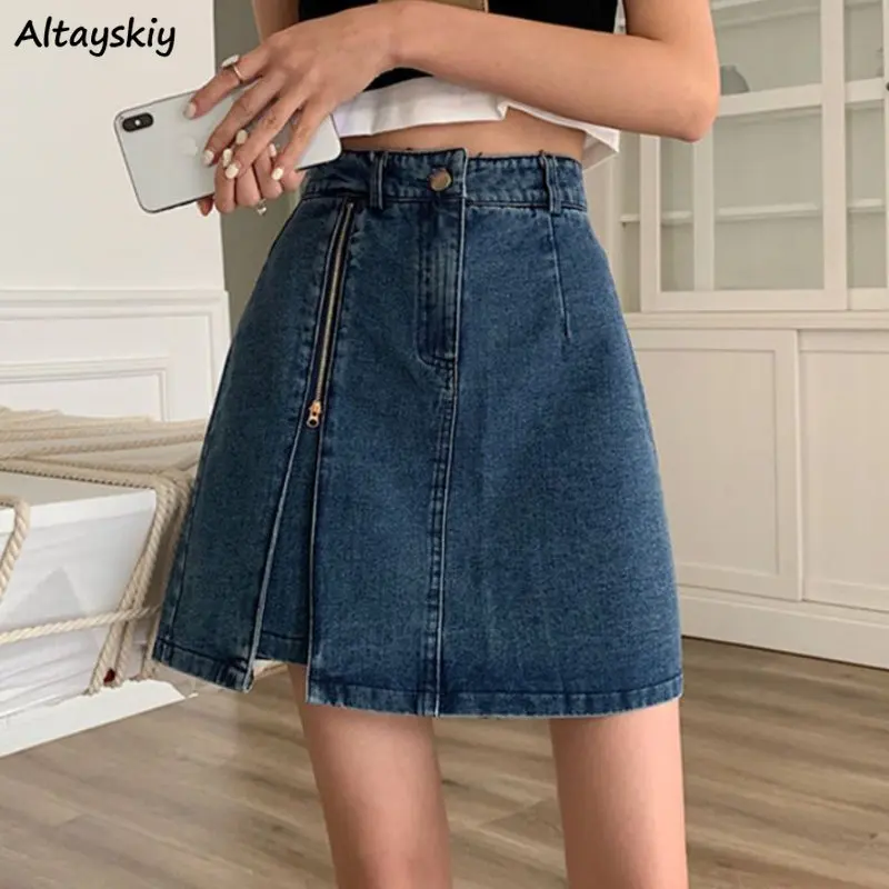 Denim Mini Skirts Women S-4XL Blue Irregular Zipper Streetwear Vintage A-line Hotsweet Summer Simple Female Casual Ulzzang Ins