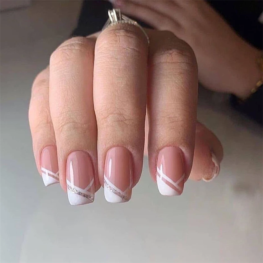 24Pcs/Set Medium Long French Fake Nails Nude Pink Geometric Artificial Removable Press on Acrylic Nails Hot Nails Stick on Nails