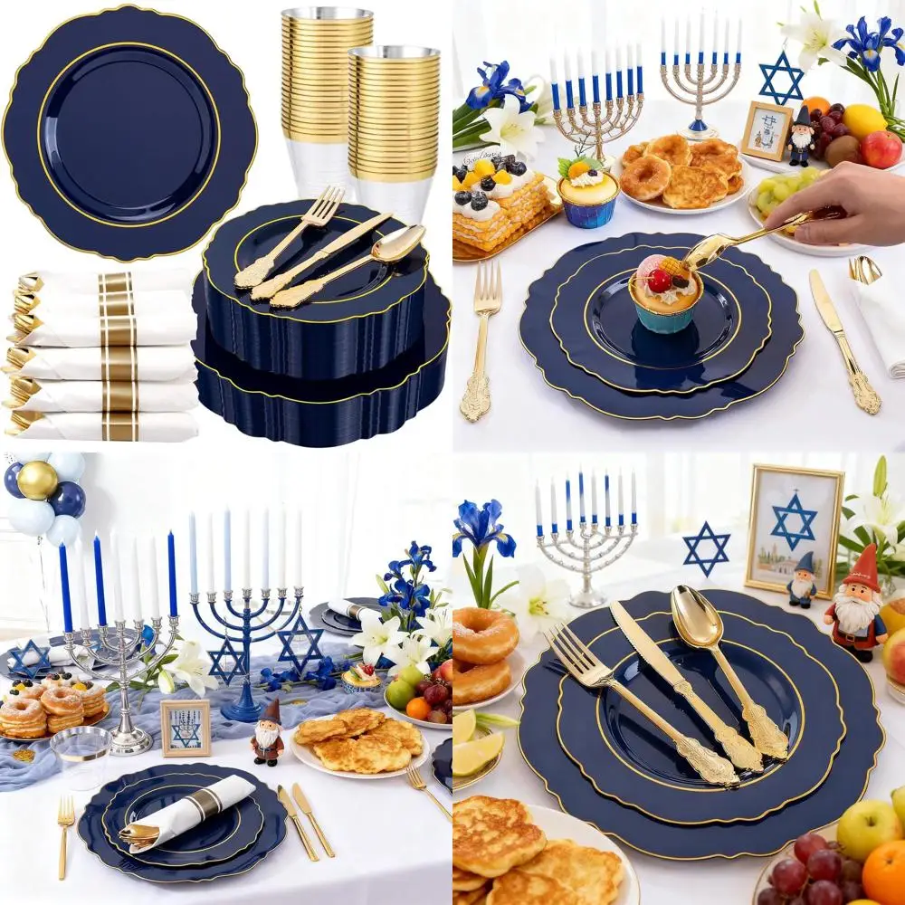 

Set of 350 Navy Blue Disposable Dinnerware for 50 Guests - Includes Plates, Napkins, Silverware, and Cups for Christmas & Hanukk