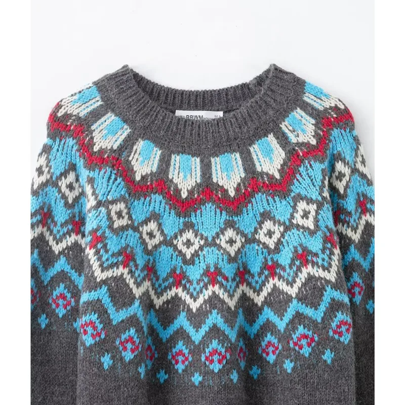 Women Jacquard Knitted Sweater Autumn Winter Round-neck Long Sleeve Sweater Casual Fashion Female Knitwear Pullovers