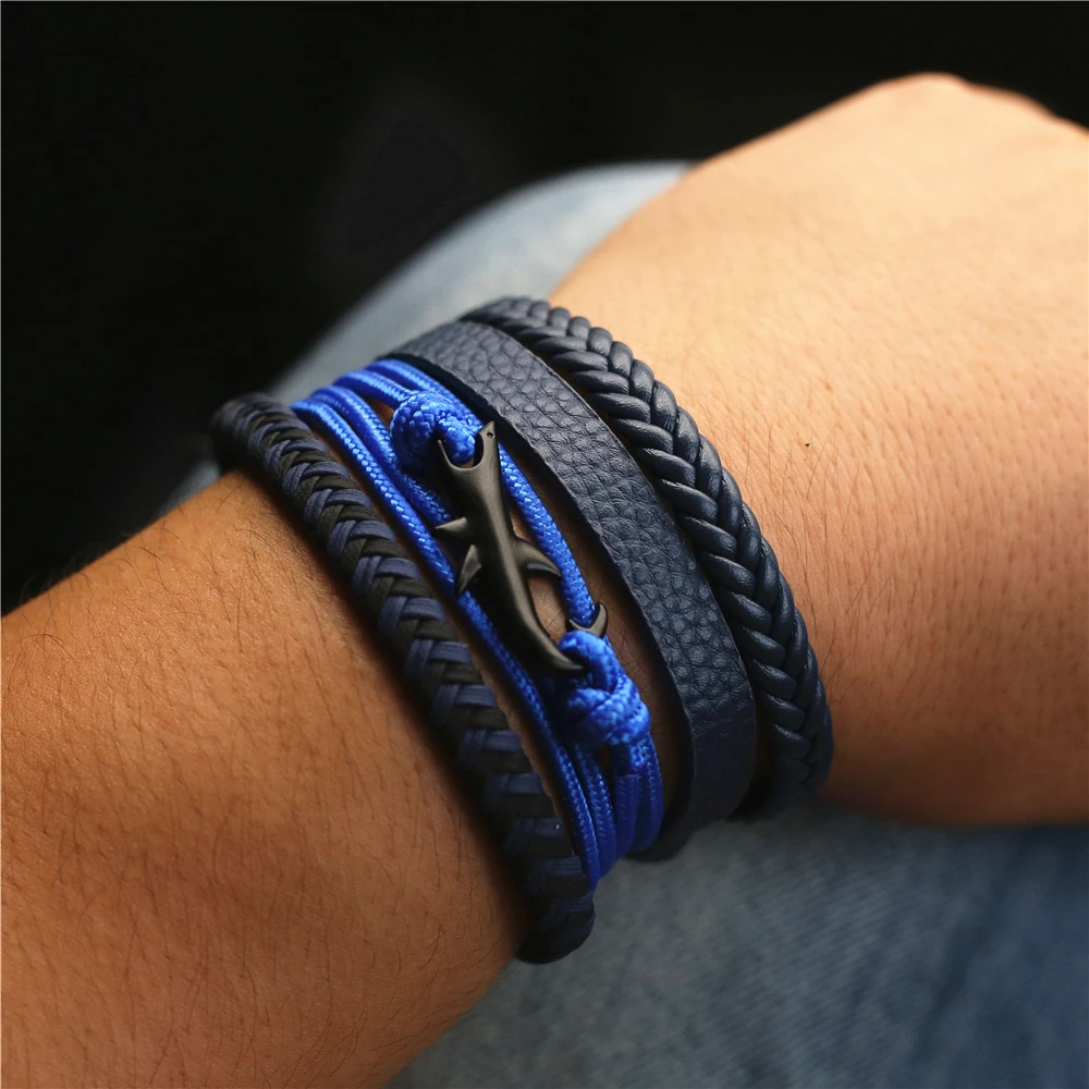 WESTBULL 4 Pcs/set Men Leather Bracelets Set Black Cute Shark Charm Brown Blue Woven Bracelet Man Homme Vintage Jewelry