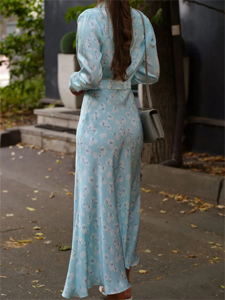 Abito lungo elegante stampato in raso Tossy per donna Abito aderente femminile con fasciatura a maniche lunghe a vita alta a contrasto