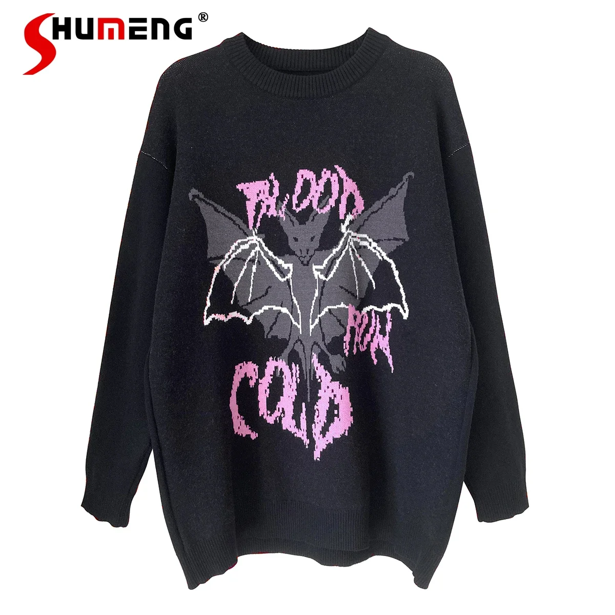 Original Dark Hot Girl Streetwear Fashion Bat Letter Jacquard Black Sweater Women Loose Long-sleeved Top Autumn Winter Sweaters