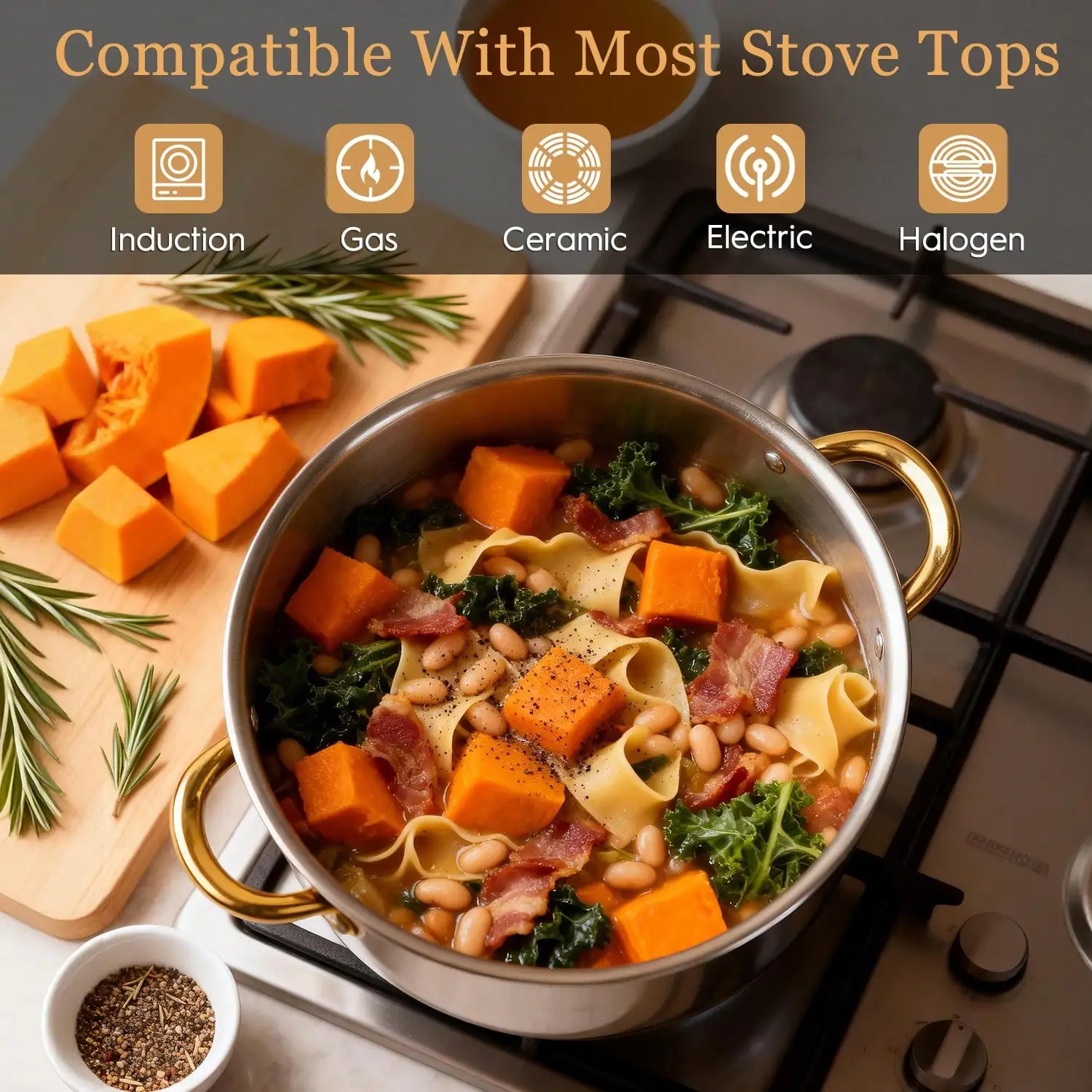 Stainless Steel Pot Set Modern Luxury Cookware Stock Pot Set Silver Body Gold Handles 10 Pcs Set 5 Pots 5 Lids Multi Size Deep Stock Pot For Home Kitchen Restaurant Cooking Soup Noodles Hot Pot Pasta view 4