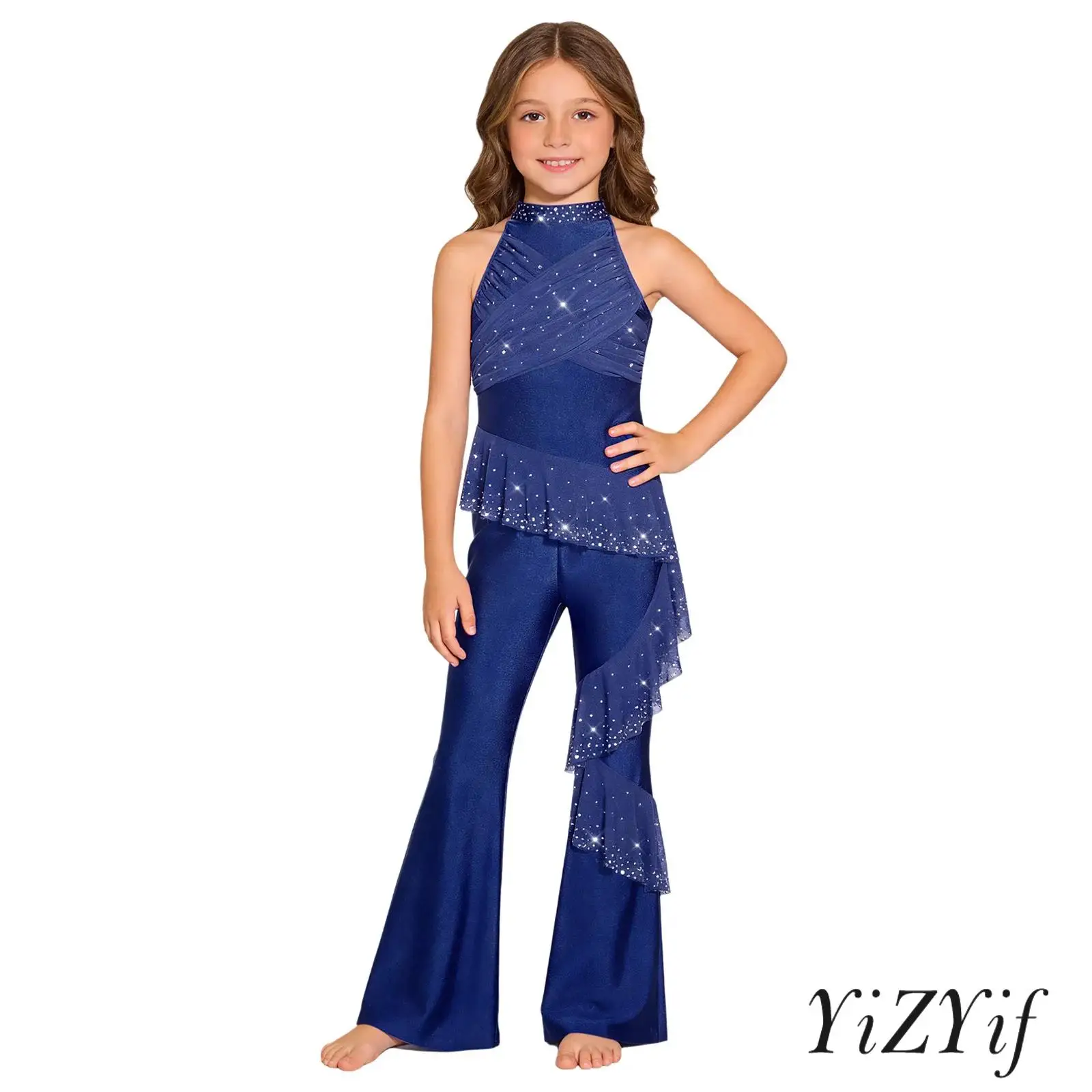 

Детский гимнастический танцевальный комбинезон для девочек со стразами, без рукавов, с драпировкой, сетчатыми оборками и расклешенными штанинами, для выступлений на сцене