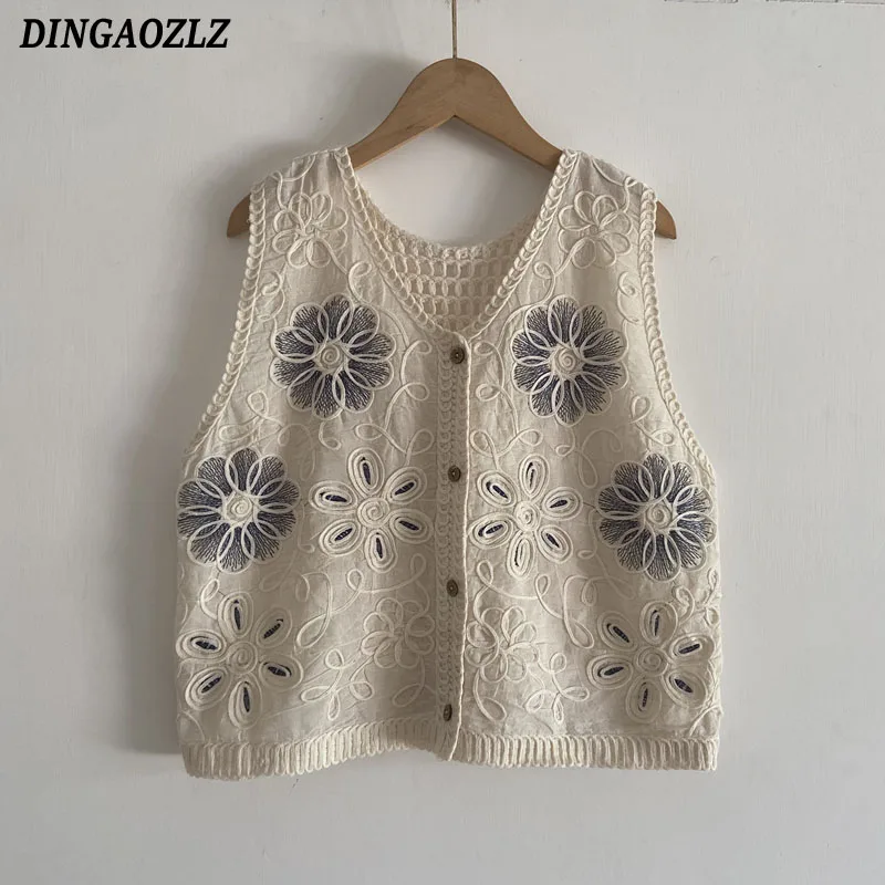

Korean Fashion Women Hook Flower Hollow Out Tops 2025 Summer V-neck Knitted Vest Shirt Sleeveless Embroidered Blouse