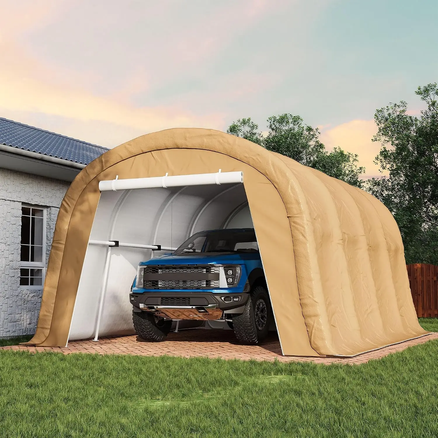 13'×20' Storage Shelter Outdoor Round Carport, Heavy-Duty Garage Canopy with Dual Roll-Up Doors Weatherproof PE Cover, Custom