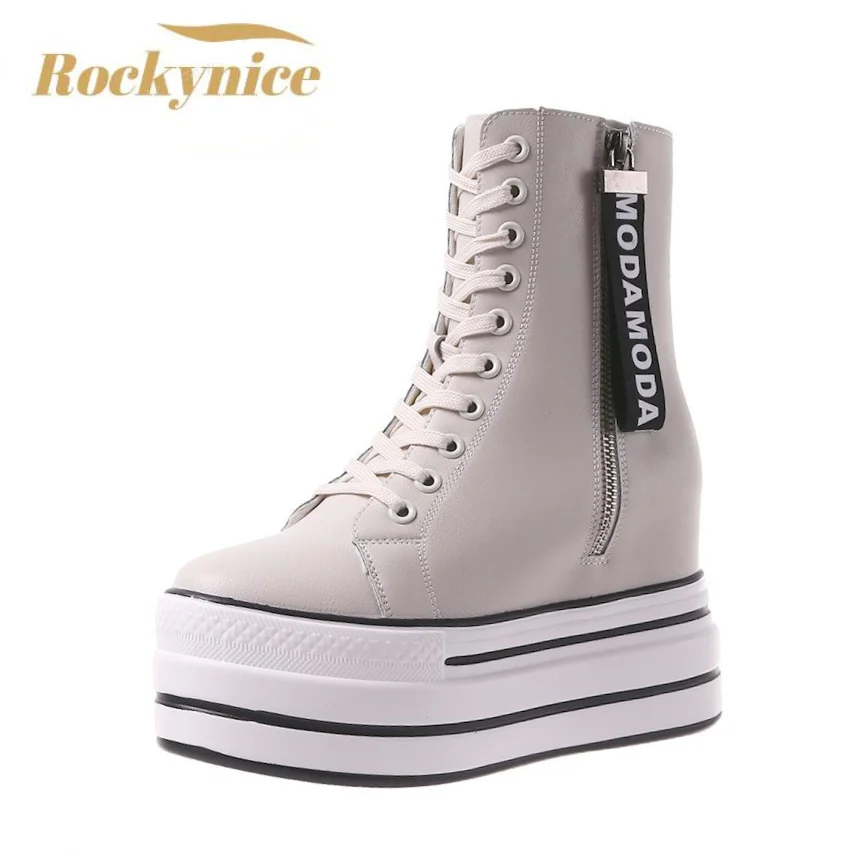 White Trendy Boots Women High Top Sneakers Platform Zip Ankle Boots Femme Chaussures Femmes Height Increase Outdoor Sports Shoes