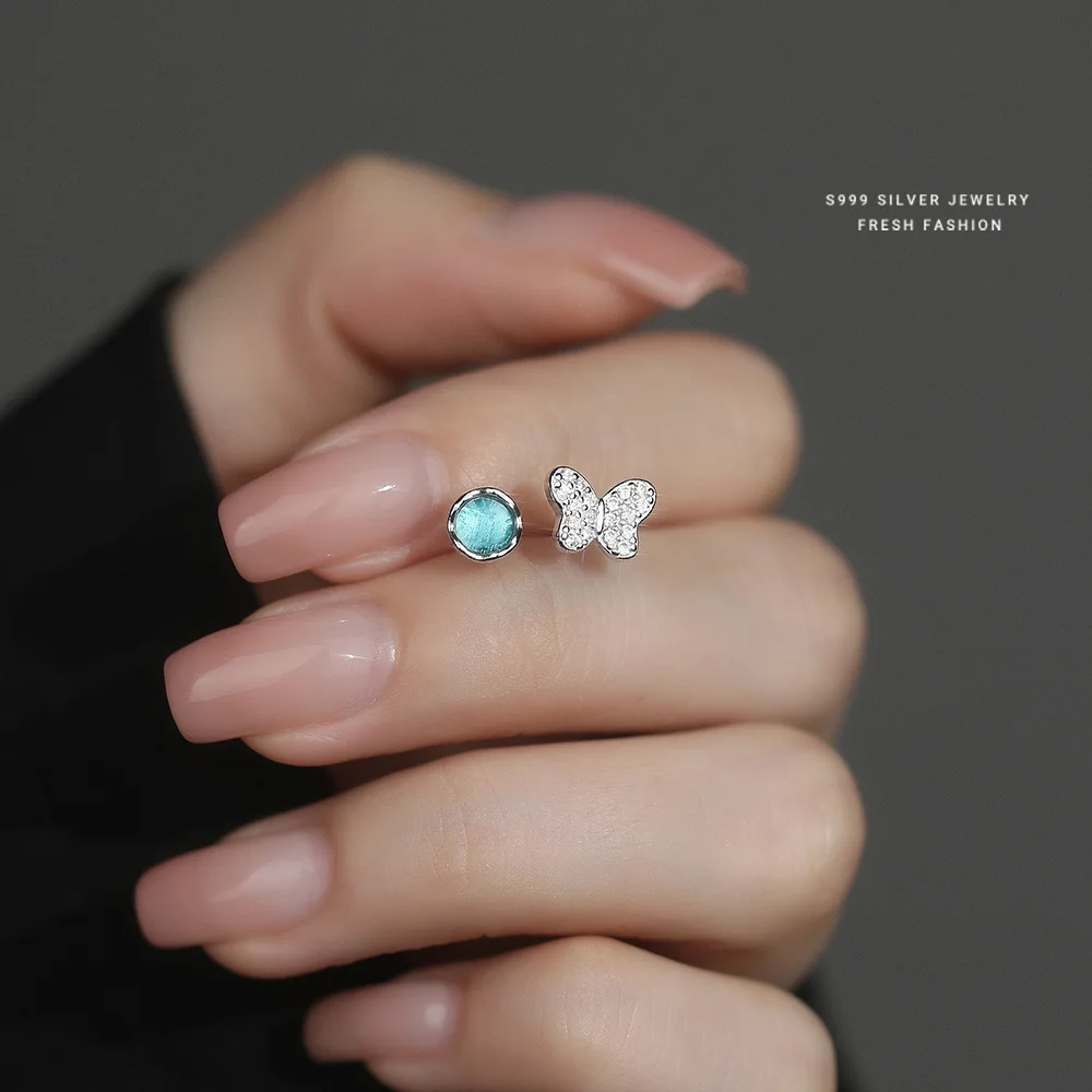 S999 Sterling Silver Exquisite Butterfly CZ Earrings for Women Fashion Design Irregular Blue Glass Combination Earrings
