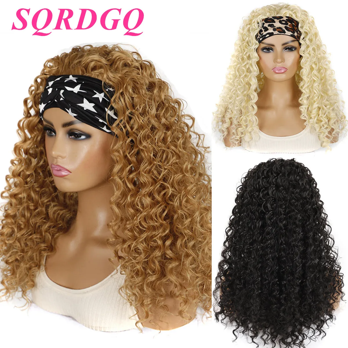 

SQRDGQ Synthetic Deep Curly Wigs for Women Headband Wig Female Black/613/4/27/99J Blonde Wig Women Daily Party Cosplay Wig Woman