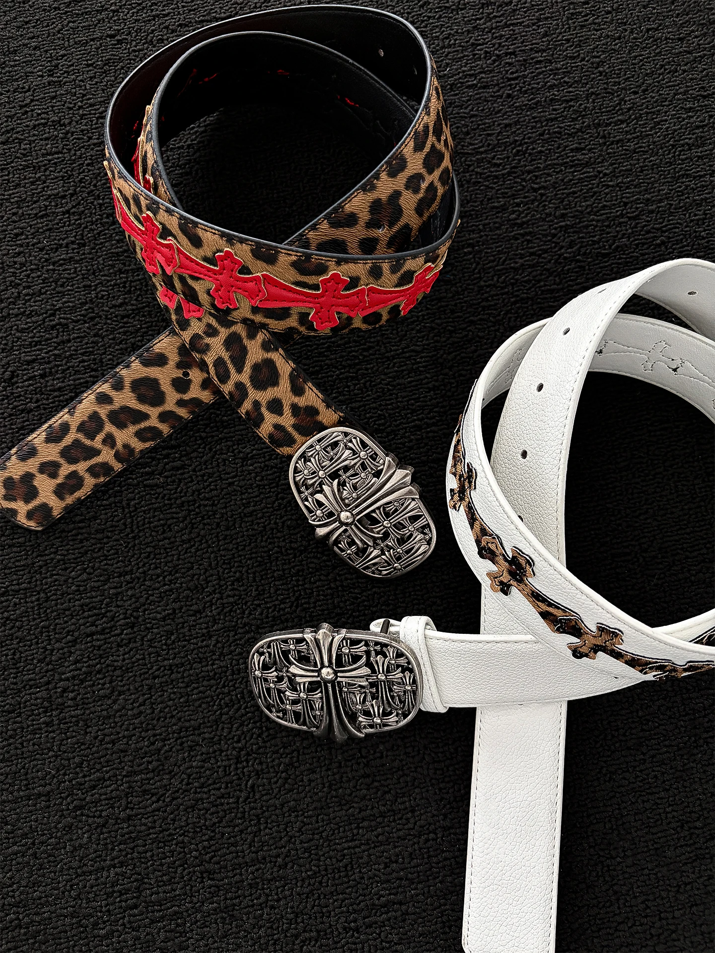 Retro American Leopard Print Contrast Color Cross Heavy Duty Belt Men's Punk Style Street 3D Carving Metal Buckle Leather Belt