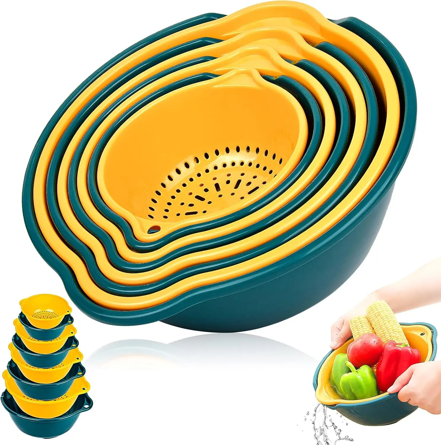 

8-pack Colander, Strainer Drain Basket Set Plastic Double Layered Stackable Detachable Bowl Strainer for Soak, Wash, Dra