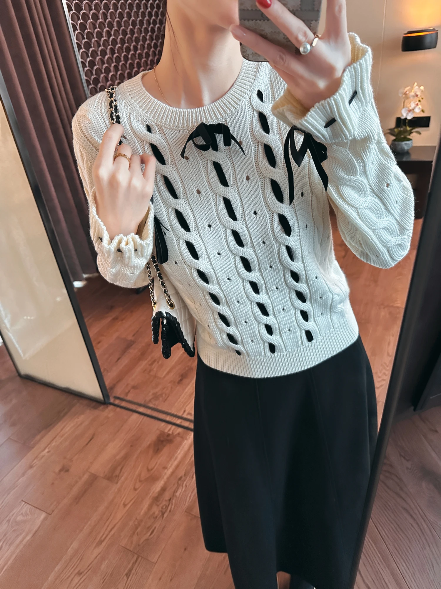 

Вязаный шерстяной топ с круглым вырезом и ажурной текстурой, белый, от YOU SEE, корейский стиль, для повседневной носки, мягкий, с длинными рукавами, модный.