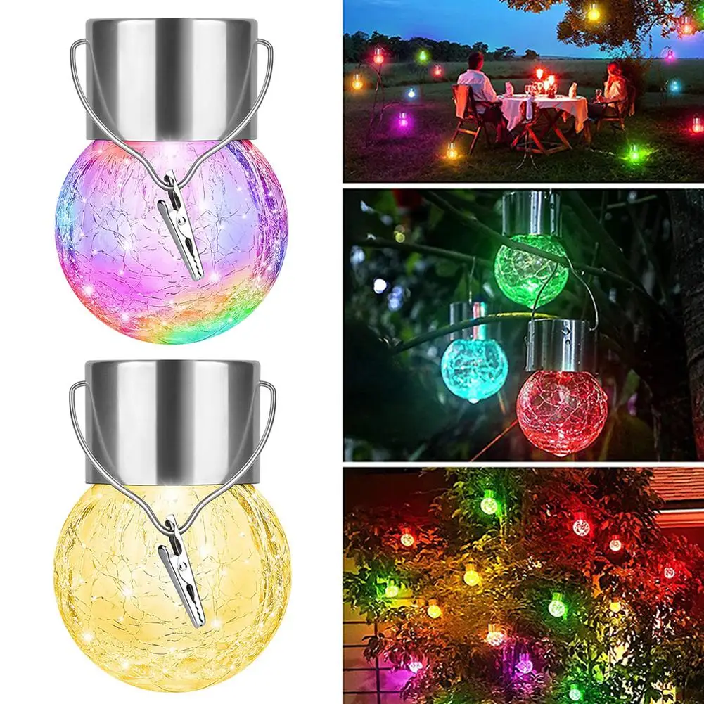 Hanglampen op zonne-energie, kerstversieringsverlichting met veranderende gebarsten hangende meerkleurige bal waterdichte verlichting glas Ou M9P6