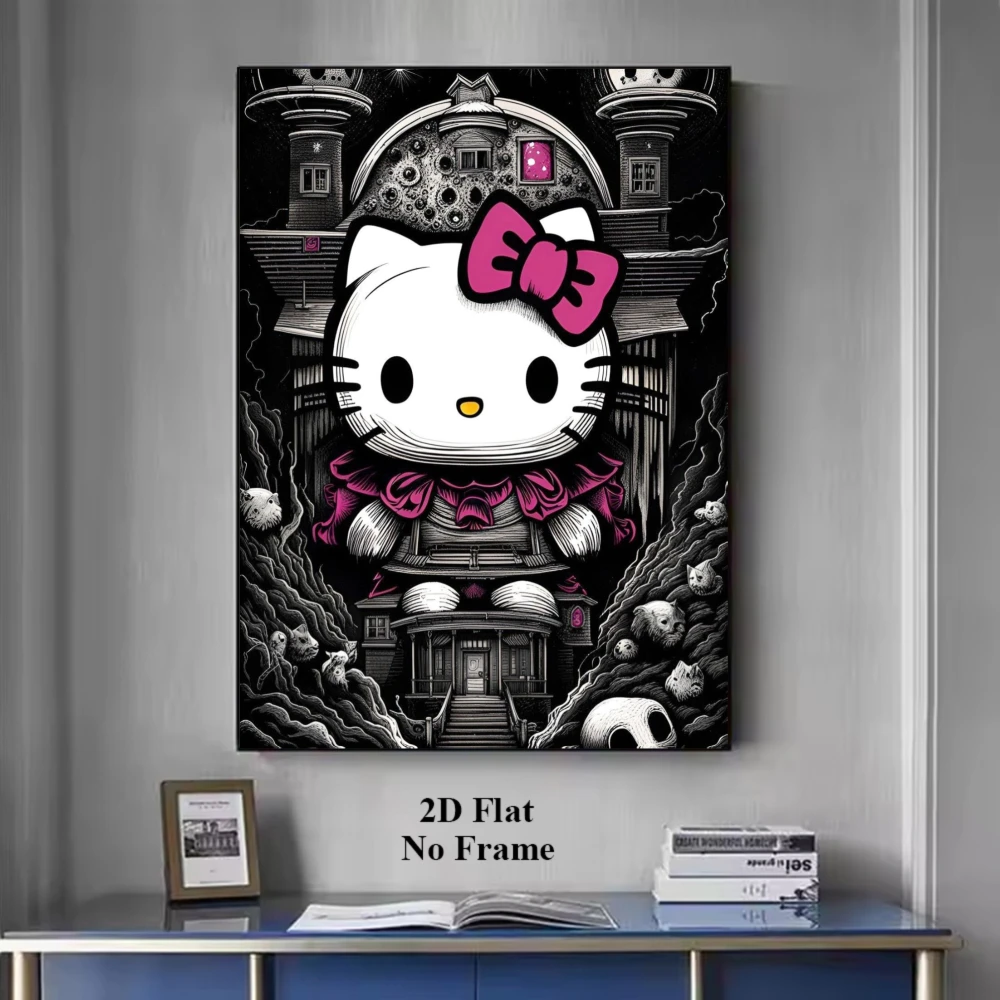 2027 2DFlat, 1pc Unframed  Sanrio Hello Kitty Poster and Print Cartoon Anime Canvas Painting Dark Gothic Wall Art Living Room