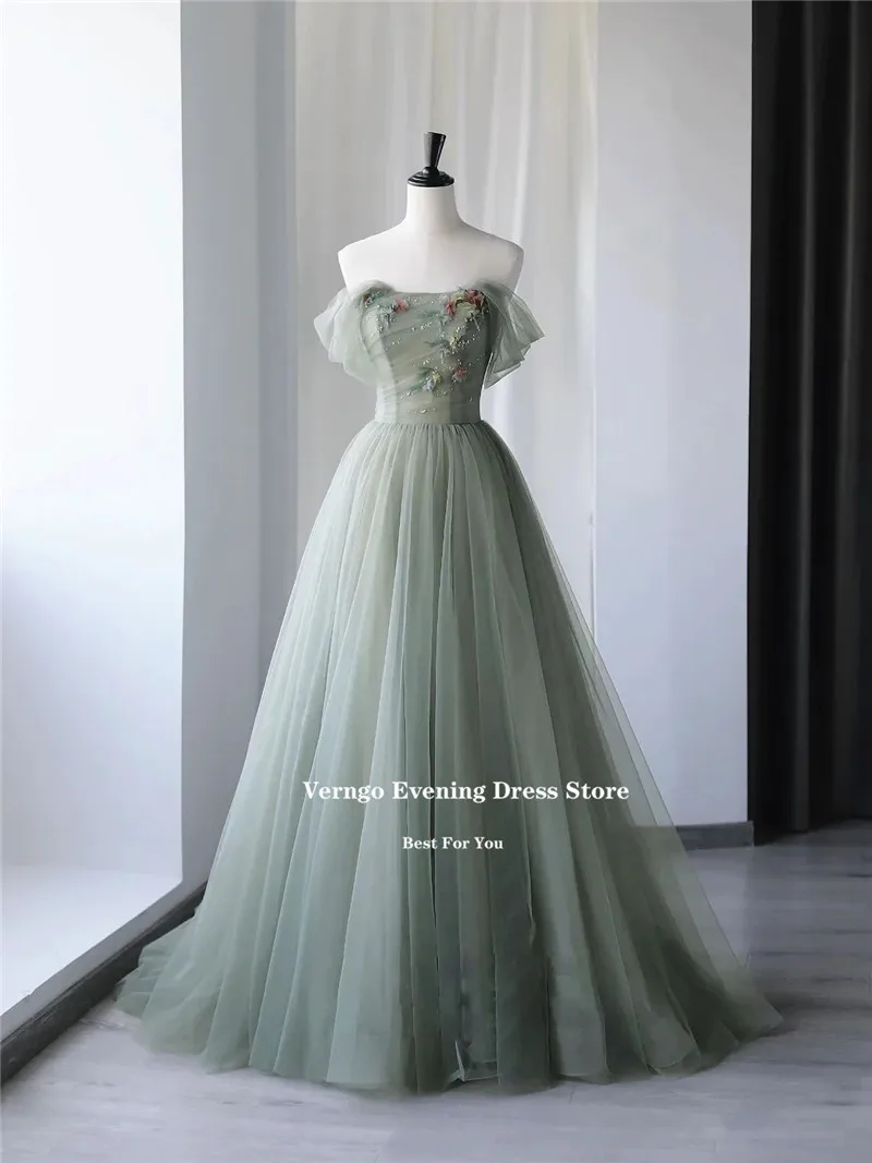 

Verngo Elegant Pale Green Tulle Long Prom Dress 3D FlowerOff the Shoulder Sequin Party Dress Formal Evening Gown Customized