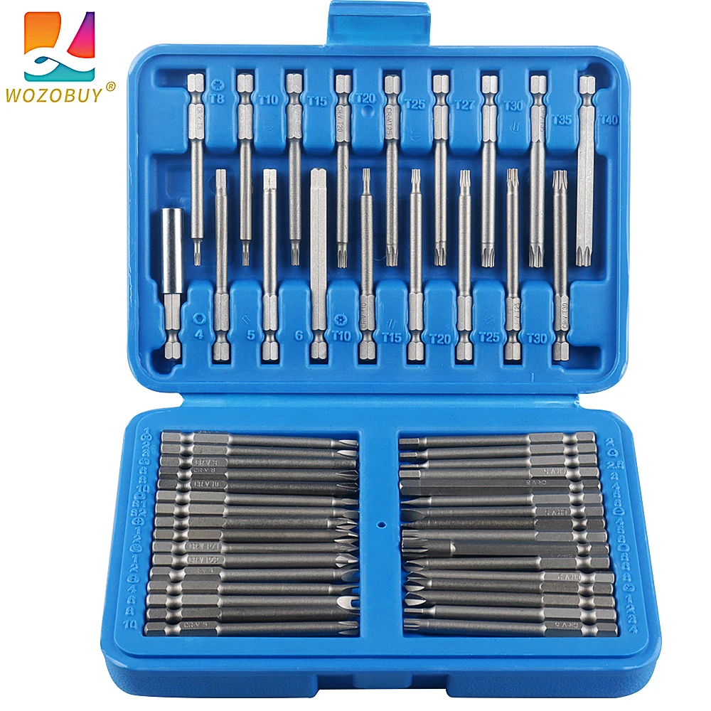 WOZOBUY Hi-Spec 50pc 75mm Extra Long Screwdriver Set Hex Torx Security Long Screwdriver Bits Ratchet Screwdriver Bit Set Tool Se