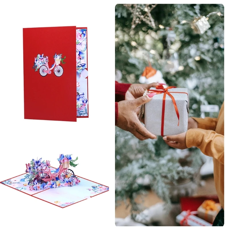 Delicate 3D Popup Greeting Card with Bicycles Flowers and Butterflies for Gifts B03D