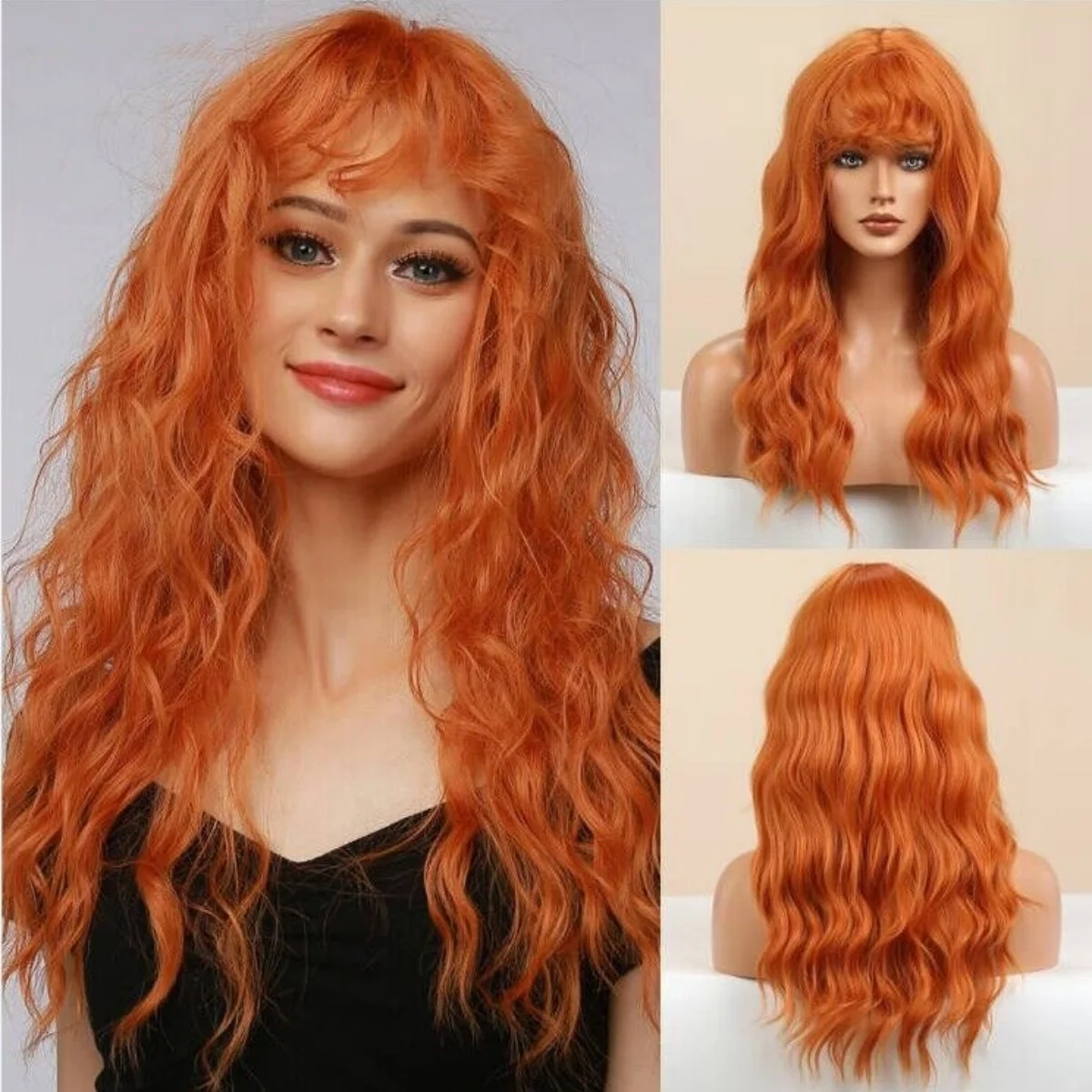 

Long Wavy Orange Copper Synthetic Wigs Ginger Curly Cosplay Wig with Bangs for Black Women Party Daily Cosplay Heat Resistant