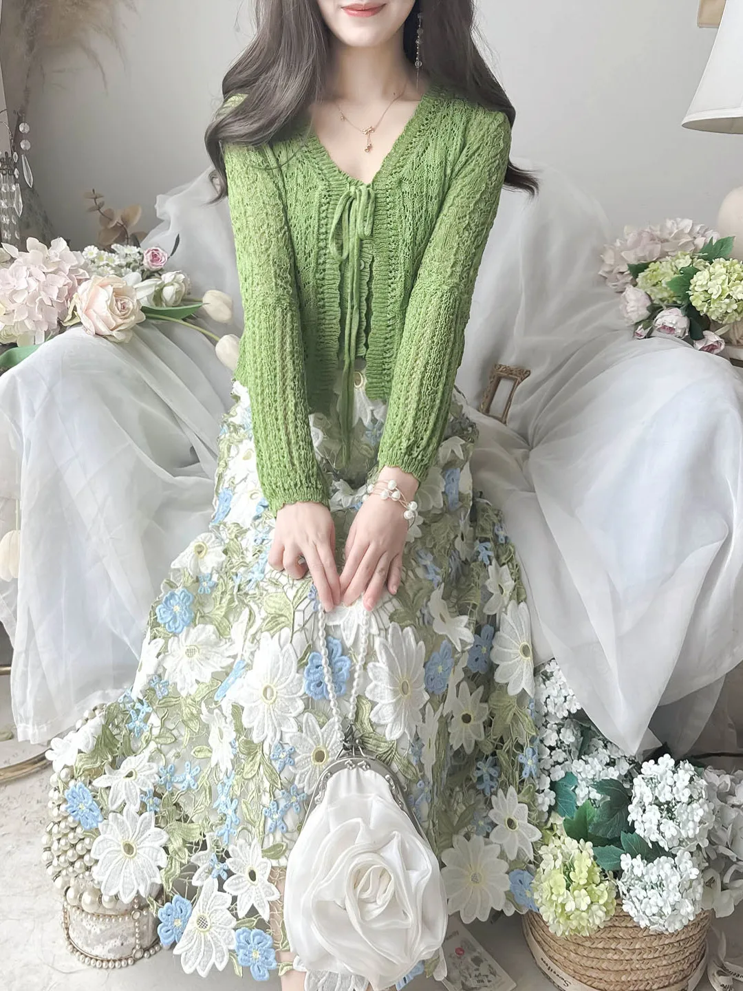 

Princess Style Green Lace Hollow Knitted Cardigan And Half Skirt Set Women's Fashion Autumn Spring Season Plant Floral Pattern