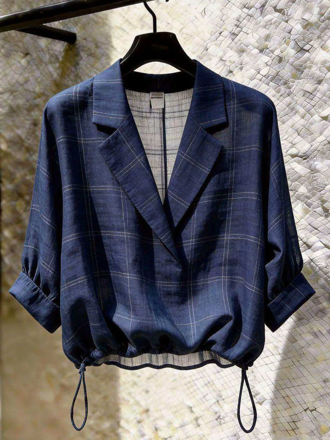 Unique Blue Plaid Loose Fit Women's Top with Drawstring V-Neck Short Sleeve Casual Style Fashionable Summer New Arrival