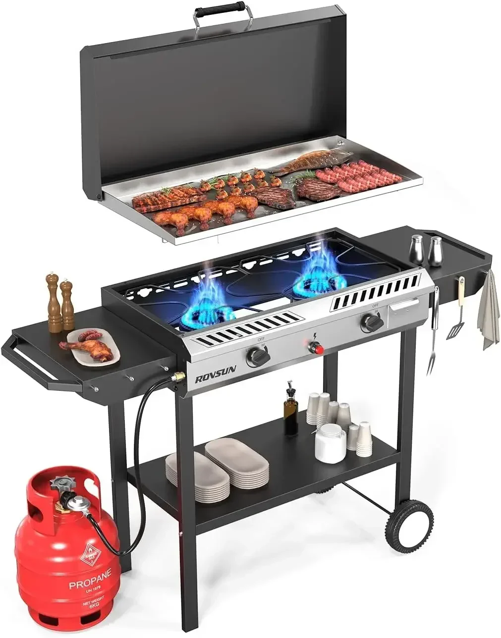 2 Burner Outdoor Propane Gas Stove with Auto-ignition, Regulator & Shelf, 150,000 BTU Powerful Stand Cooker