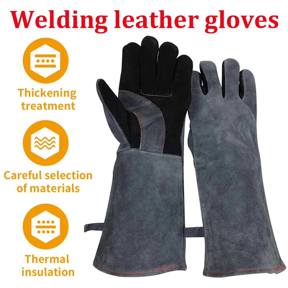 662℉-932℉ Heat-resistant Leather Gloves with Aluminum Foil Insulated Long Sleeve for Barbecue Tig Welding Tool Accessory