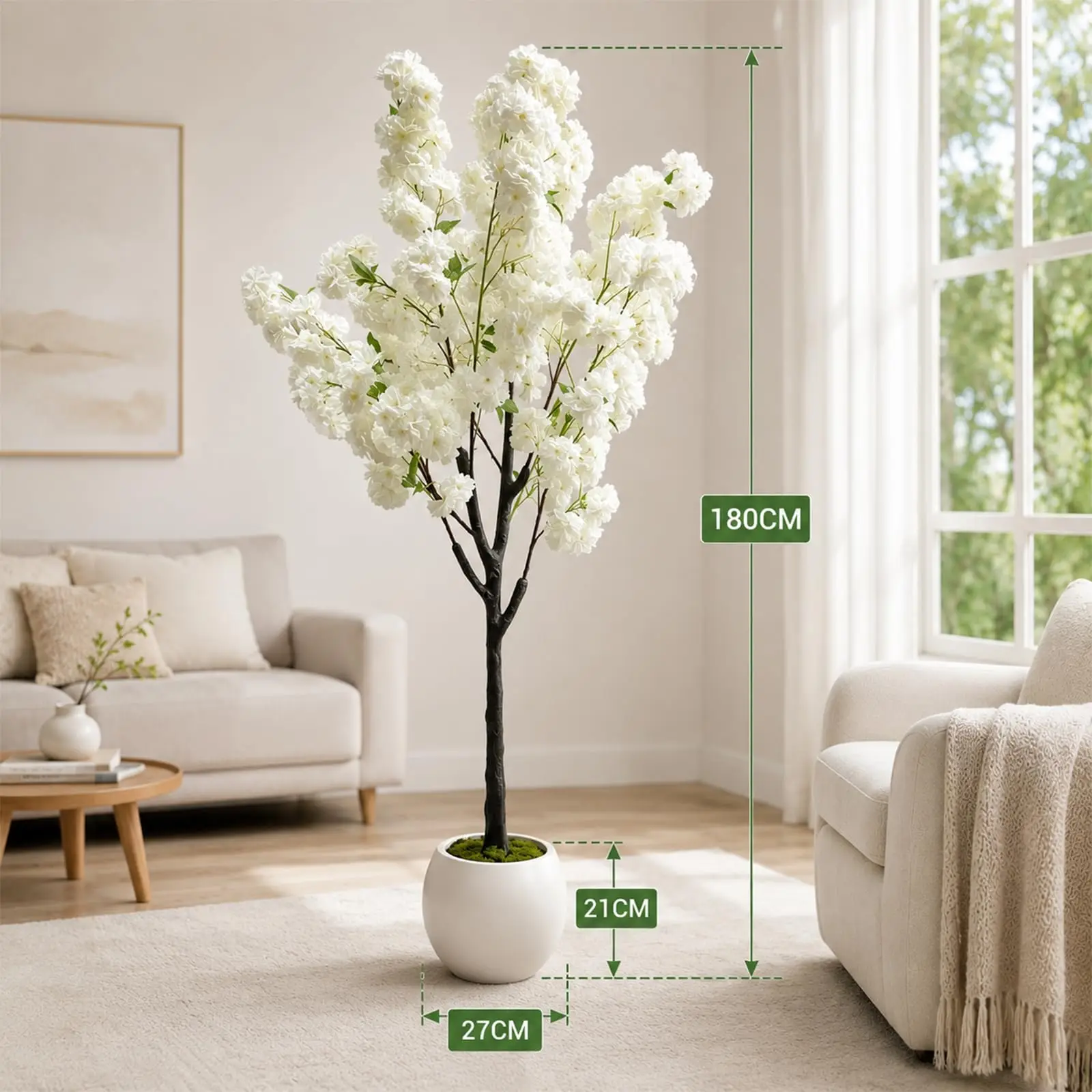 Albero di ciliegio artificiale realistico, con fiori bianchi, ideale per decorazioni interne, con elementi che riproducono fedelmente la natura e facile da installare, perfetto per matrimoni ed