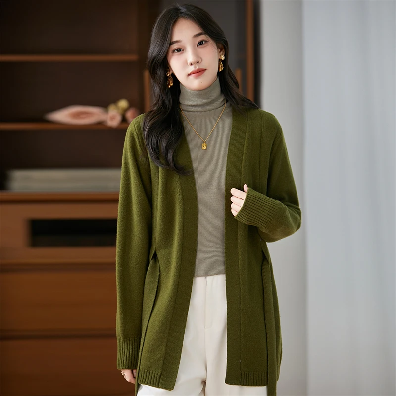 

2025 Autumn/Winter New 100% Wool Cashmere Mid-length Knit Cardigan Women's Long-Sleeved Loose Casual Korean Fashion Coat Female