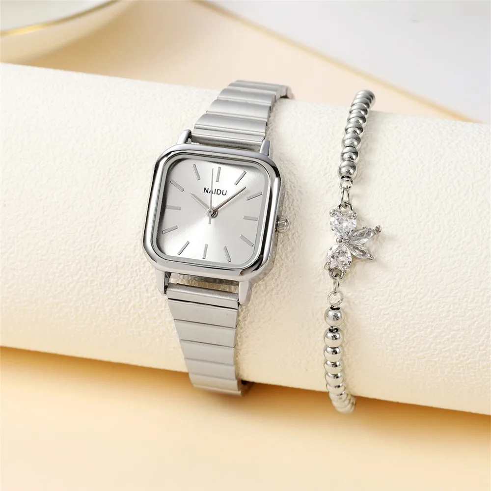 2pcs/set fashion simple square dial women quartz steel watch