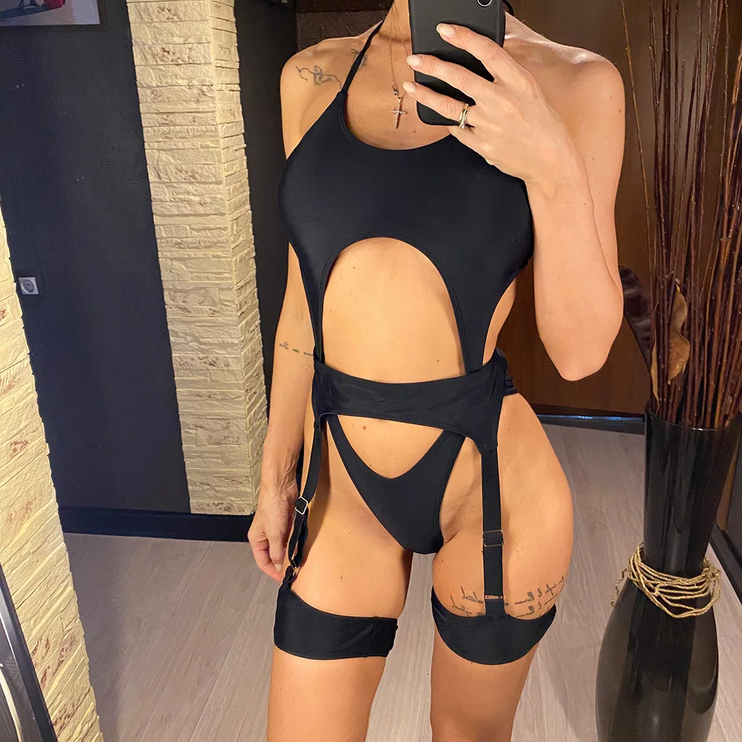 Sexy One-Piece-Badeanzug mit Bauchausschnitt, Neckholder und Strumpfhalter, Damen-Badebekleidung, High-Leg-Cut, Badeanzug für Damen, V4415 – Detail 3
