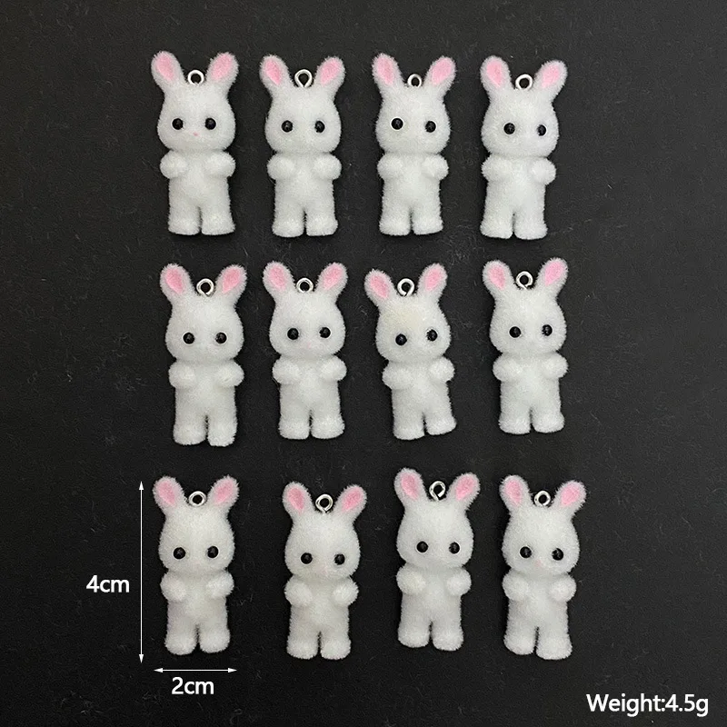 100Pcs Wholesale 3D Flocked Rabbit Doll Resin Charms Bulk Cute Animals Pendants for Phone Keychains Necklace DIY Jewelry Making