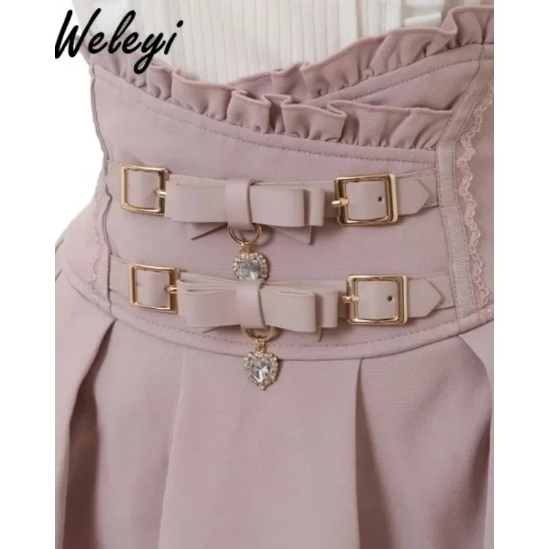 Cute Jirai Kei Lolita Plaid Skirt Women\'s 2024 Summer New Sweet Mine Series Mass Production High Waist Elastic Bow Belted Skirts