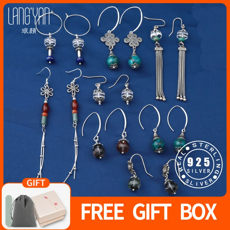 

Langyan 925 Sterling Silver Clear Quartz Drop Earrings Chinese Ethnic Style Flower Phoenix Stone Earrings Gift For Women EH309
