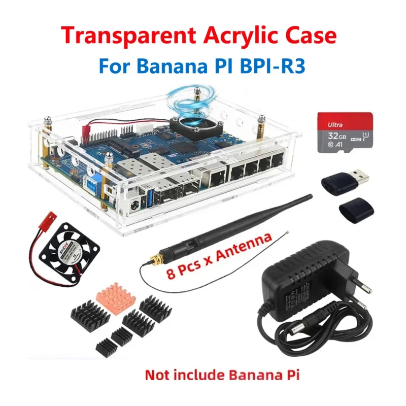 

Акриловый проектор Banana Pi R3 с прозрачной оболочкой, поддержка 8 антенн, дополнительный охлаждающий вентилятор, радиаторы, источник питания для проектора