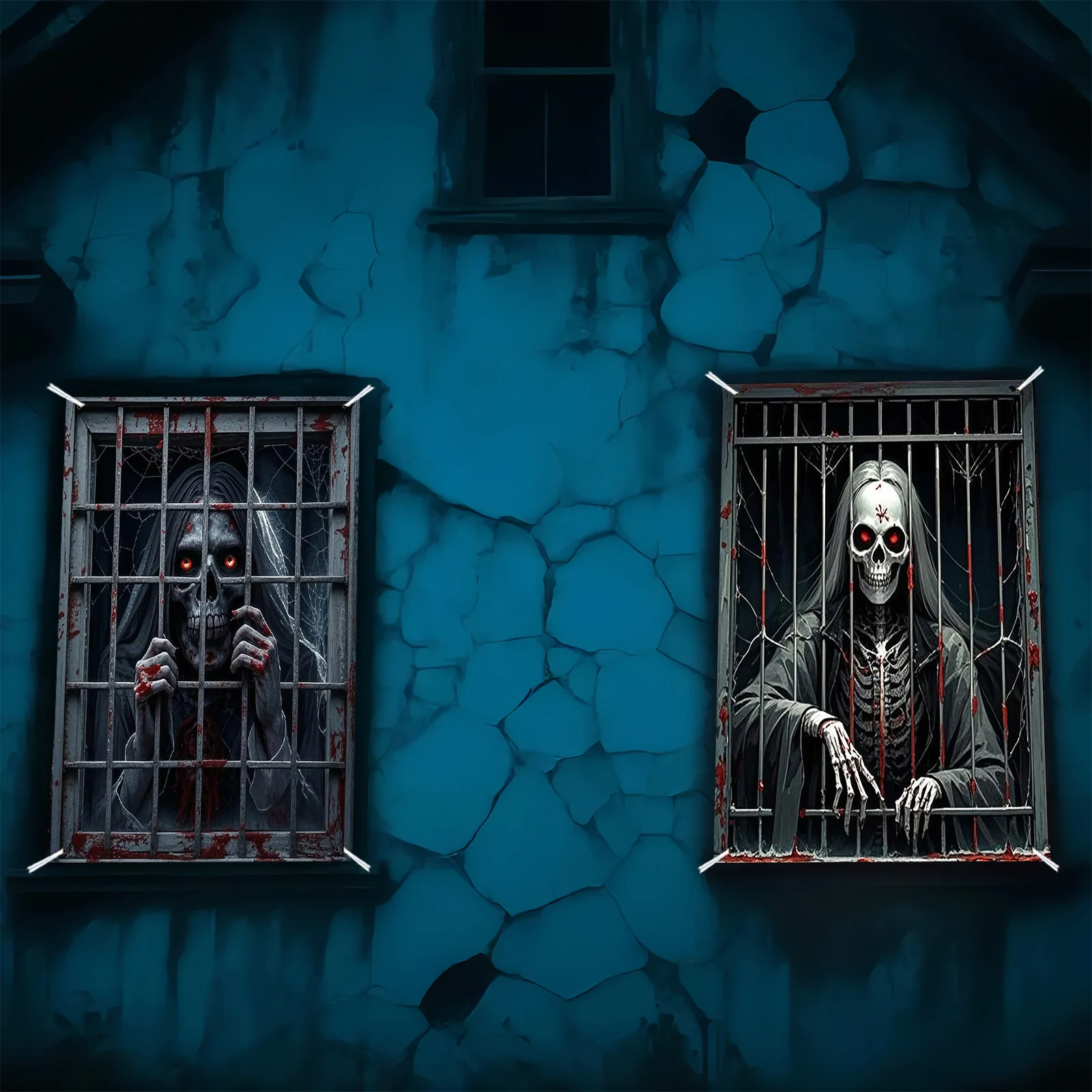 2-teiliges Set aus Polyester, dunklem und angstaunlichem Stil mit Totenkopf- und Todesmuster, Fensterdekoration mit Halloween-Motiv