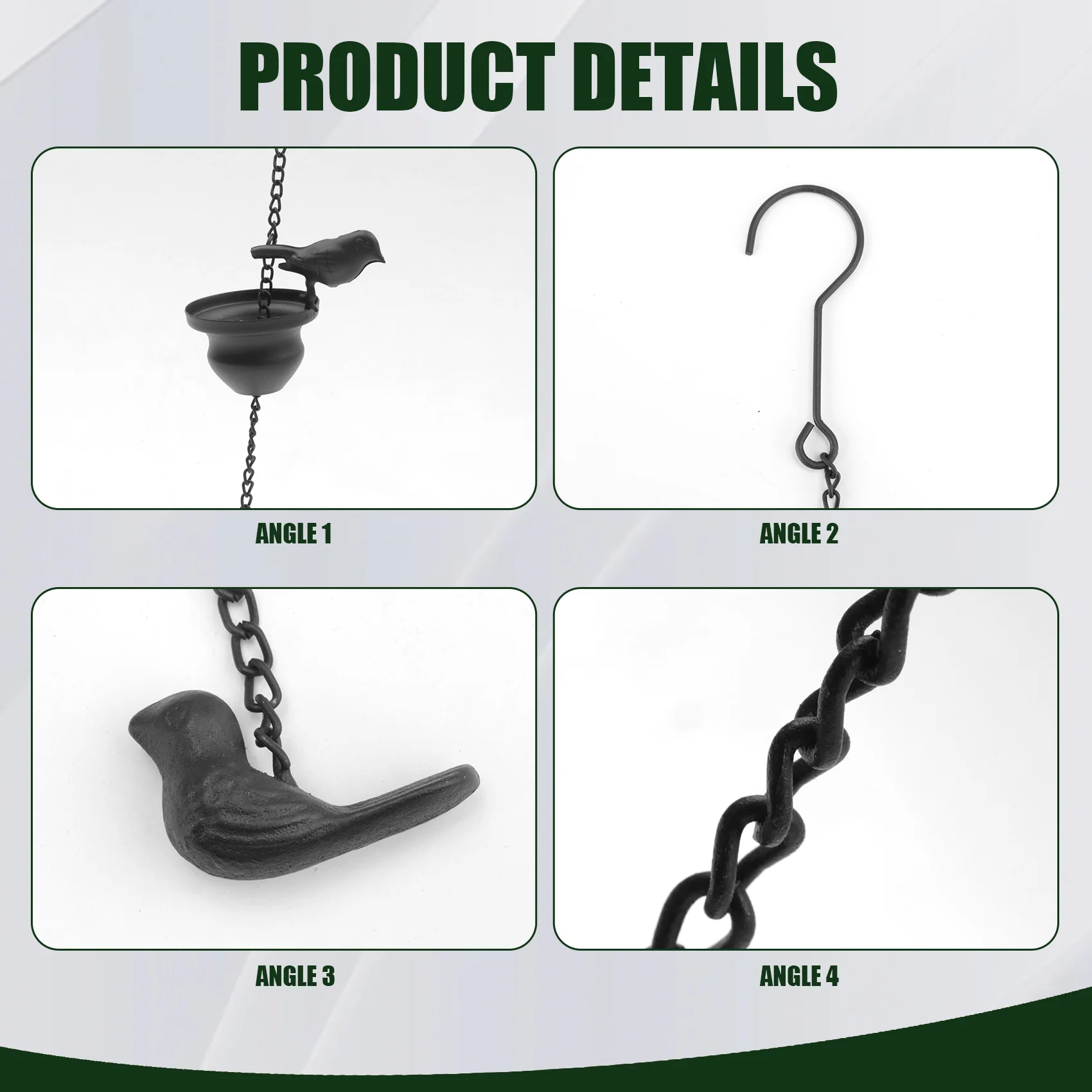 B84B Rain Chain for Outside Bird Cups, 7.8Ft Iron Rain Chimes with Attached Hanger, Durable Downspout Diverter Garden Decoration