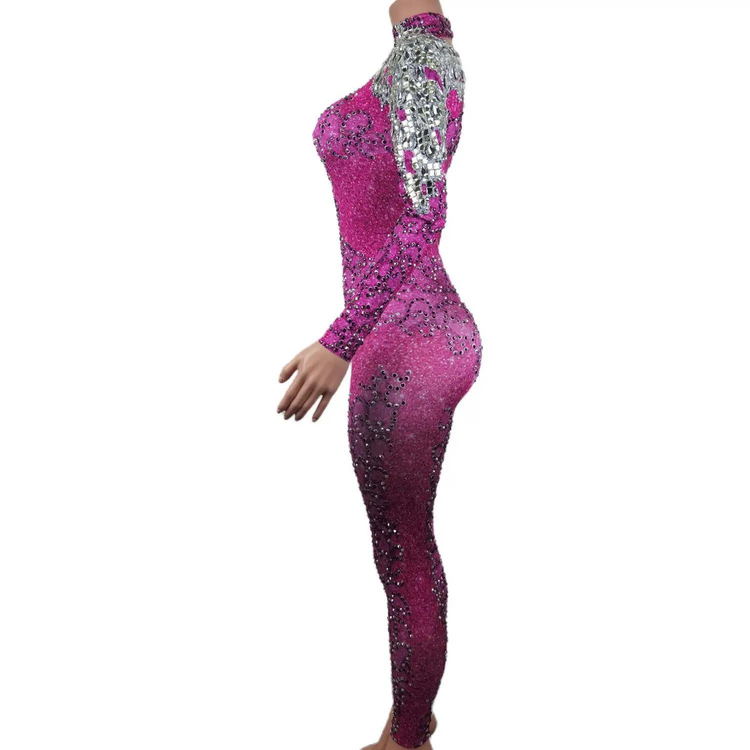 Shining Rhinestone Performance Costumes Party Prom Bodycon Jumpsuits Sexy Pink High Necked and Backless One Piece Bodysuit